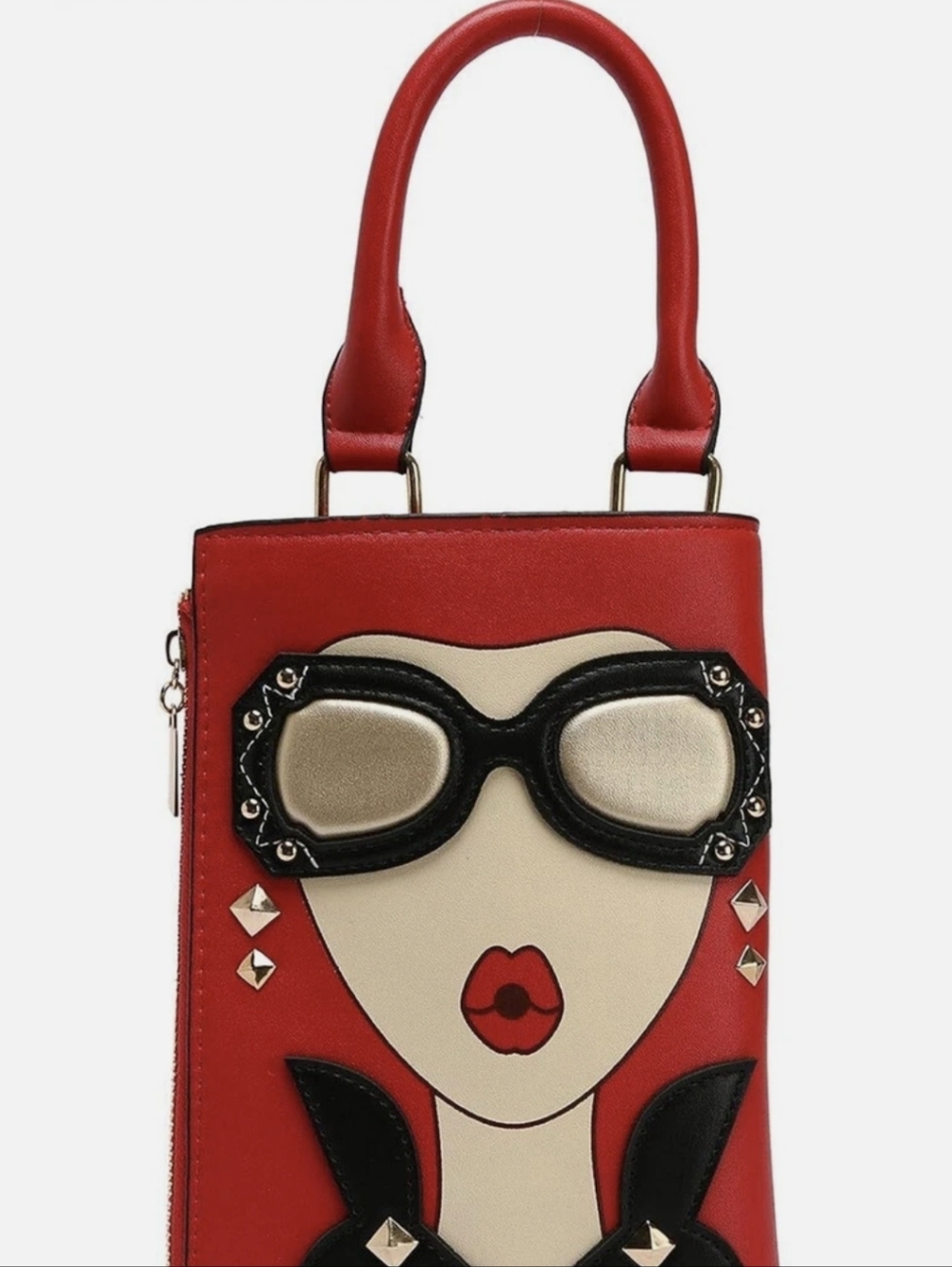 Red Novelty Face Tote with Studded Sunglasses Design